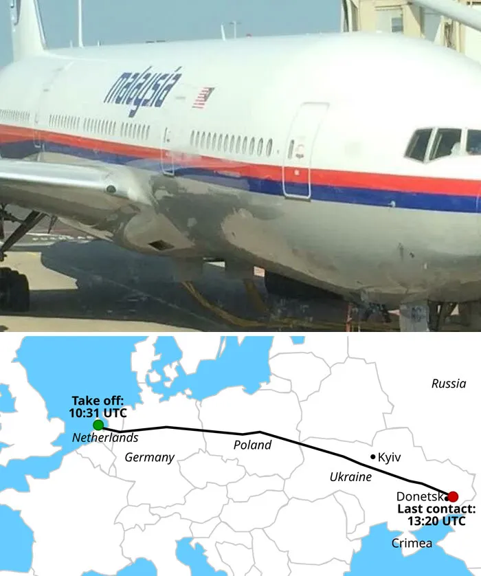 Malaysia Airlines airplane on runway with flight path map highlighting a tragic story in terrifying and horrific backstories.