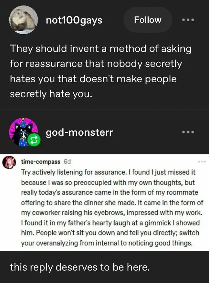 Positive social media posts discussing reassurance, active listening, and noticing good things for very important positivity.