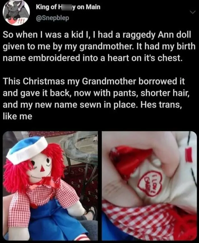 Heartwarming positivity post showing a customized raggedy Ann doll symbolizing acceptance and identity support.