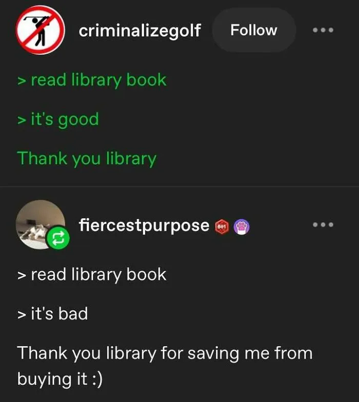 Positive social media posts about reading library books, sharing humor to boost positivity and brighten your day.