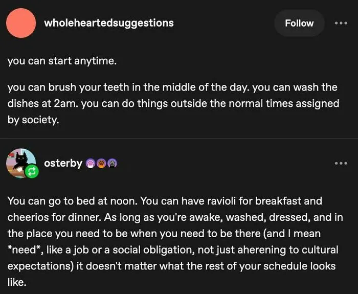 Positive social media post discussing flexibility in daily routines to boost positivity and wellbeing when feeling down.