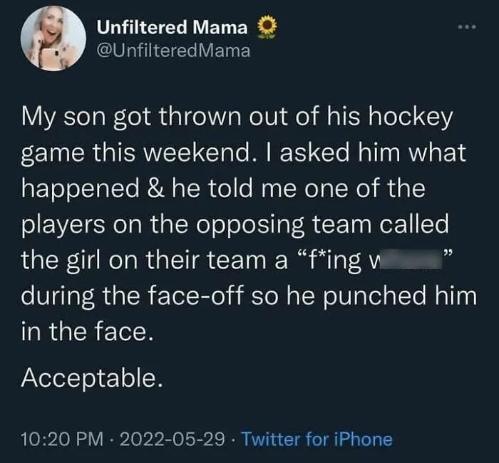 Tweet from Unfiltered Mama about her son being thrown out of a hockey game, reflecting important positivity and standing up for others.