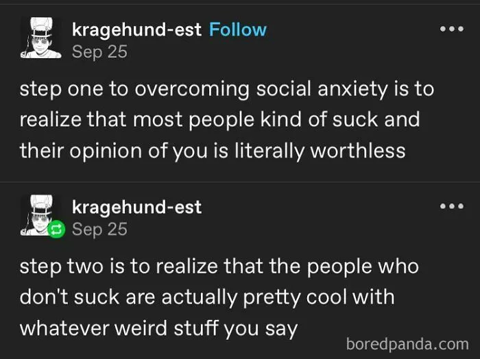 Text post about overcoming social anxiety by ignoring most people’s opinions and valuing those who accept your true self, positivity advice.