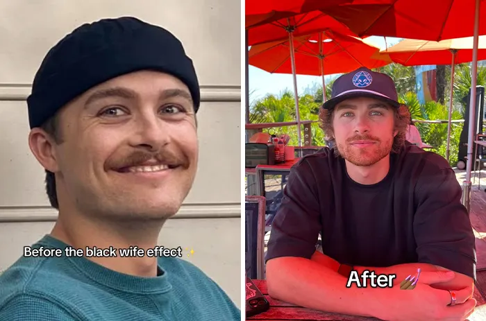 Before and after photos showing transformation of a man married to a black woman with outdoor and indoor settings.