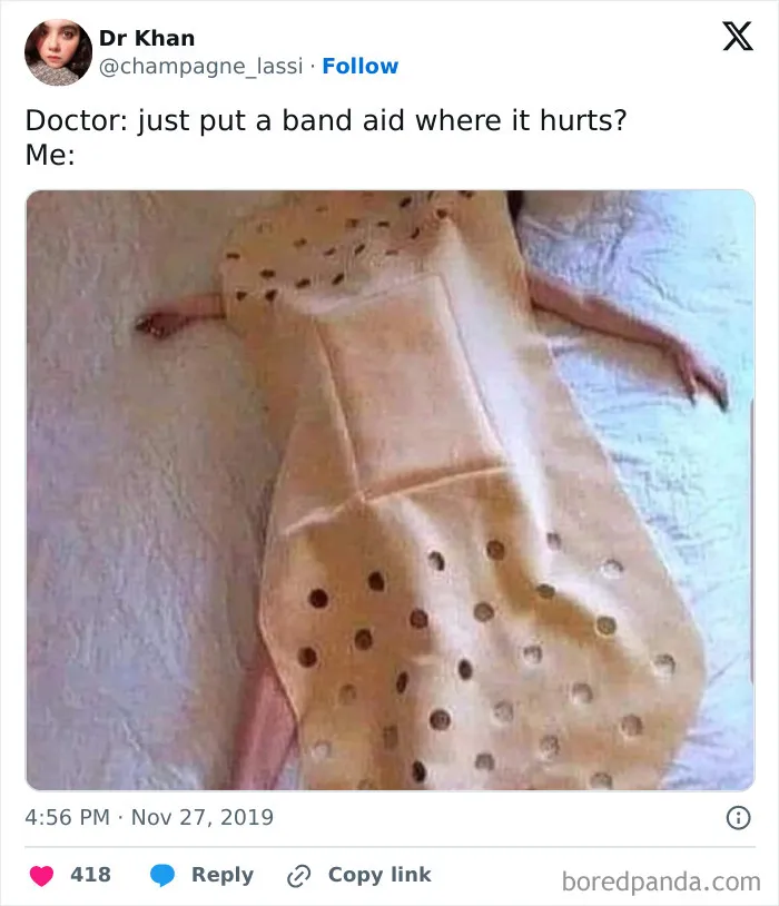 Person lying on bed covered with oversized band aid, humorous medical meme about healthcare costs and bandage use.