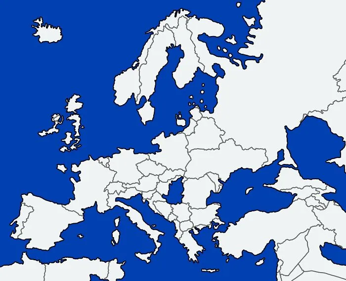 Map of Europe with country borders outlined, part of a collection of horrible but funny maps for geography humor.