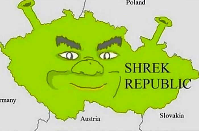 Map of Central Europe altered to resemble Shrek with text Shrek Republic, funny and horrible map concept.