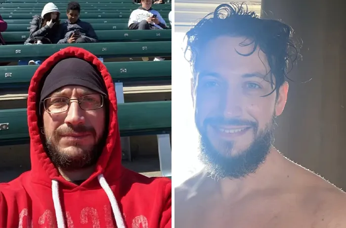 Before and after photos of a man showing a transformation after marrying a Black woman, smiling with a beard.