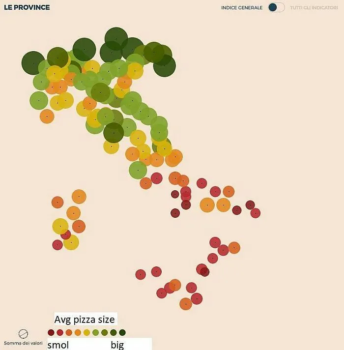 Map showing average pizza size across Italy's provinces using colored circles, a funny and unusual geography map.