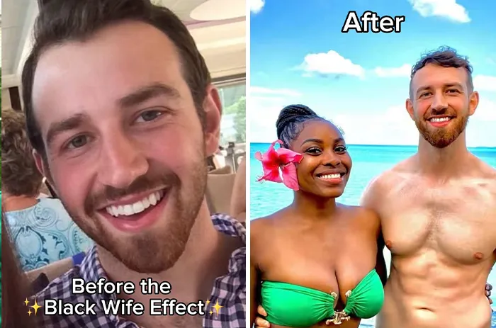 Before and after photos of a man smiling alone and with his Black wife at the beach showing the Black wife effect.