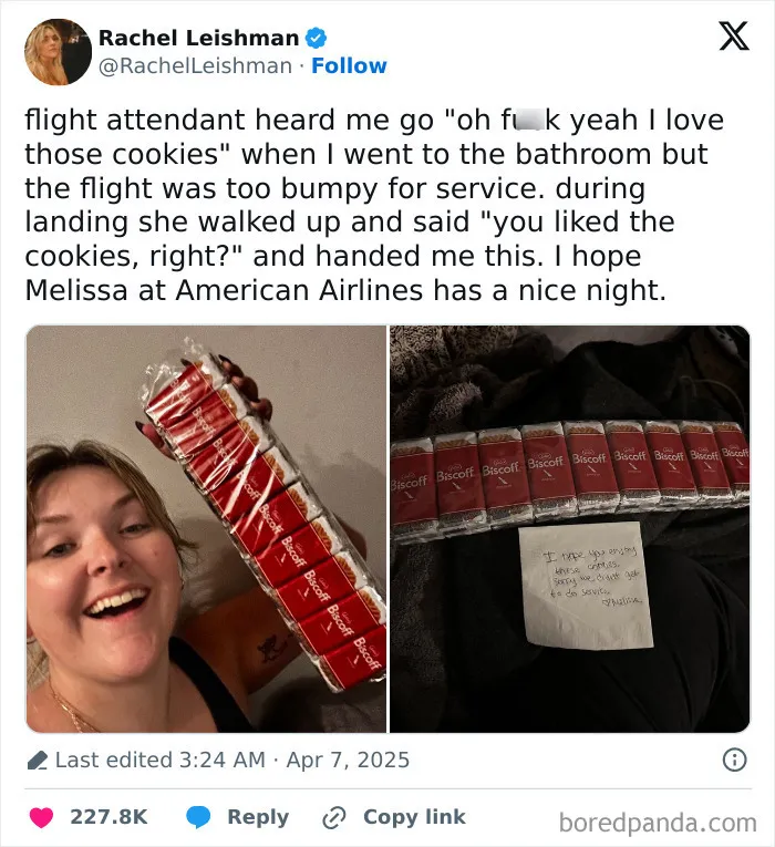 Flight attendant's kind gesture with Biscoff cookies and a note, spreading positivity and brightening a passenger’s day.