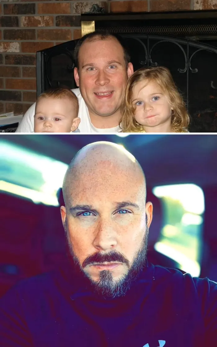 Before and after images of a man showing transformation in appearance related to marrying a black woman.