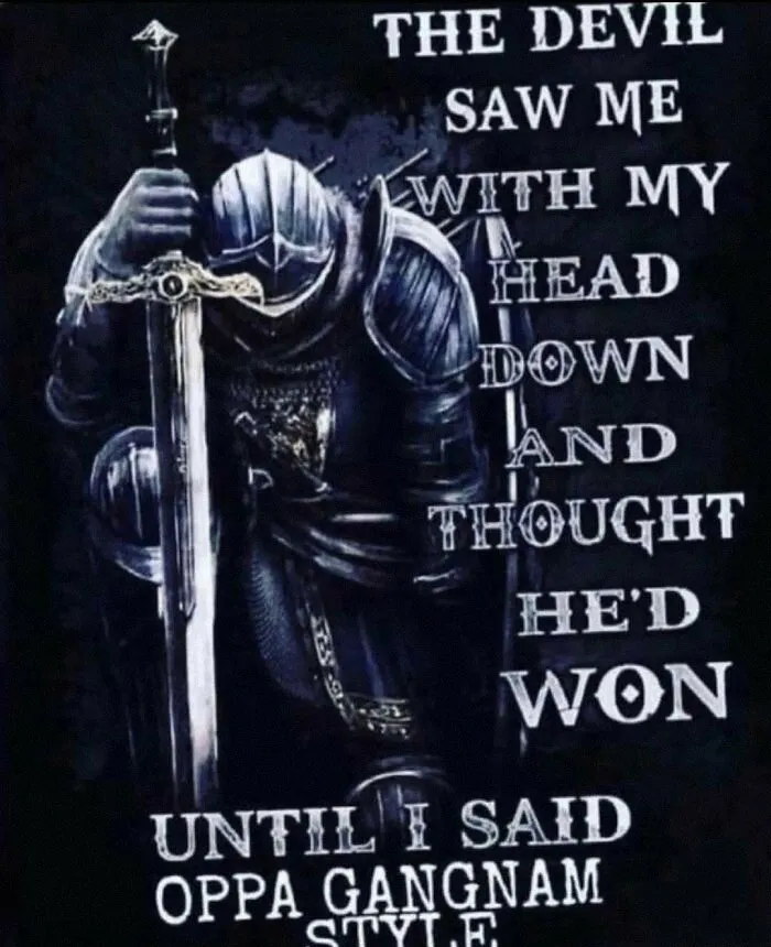 Knight in armor kneeling with a sword beside text humorously referencing nerdy memes and pop culture phrases.
