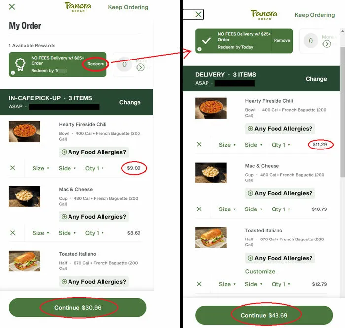 Panera Bread online order showing price increase, illustrating ridiculous fees people had every right to be mad about.