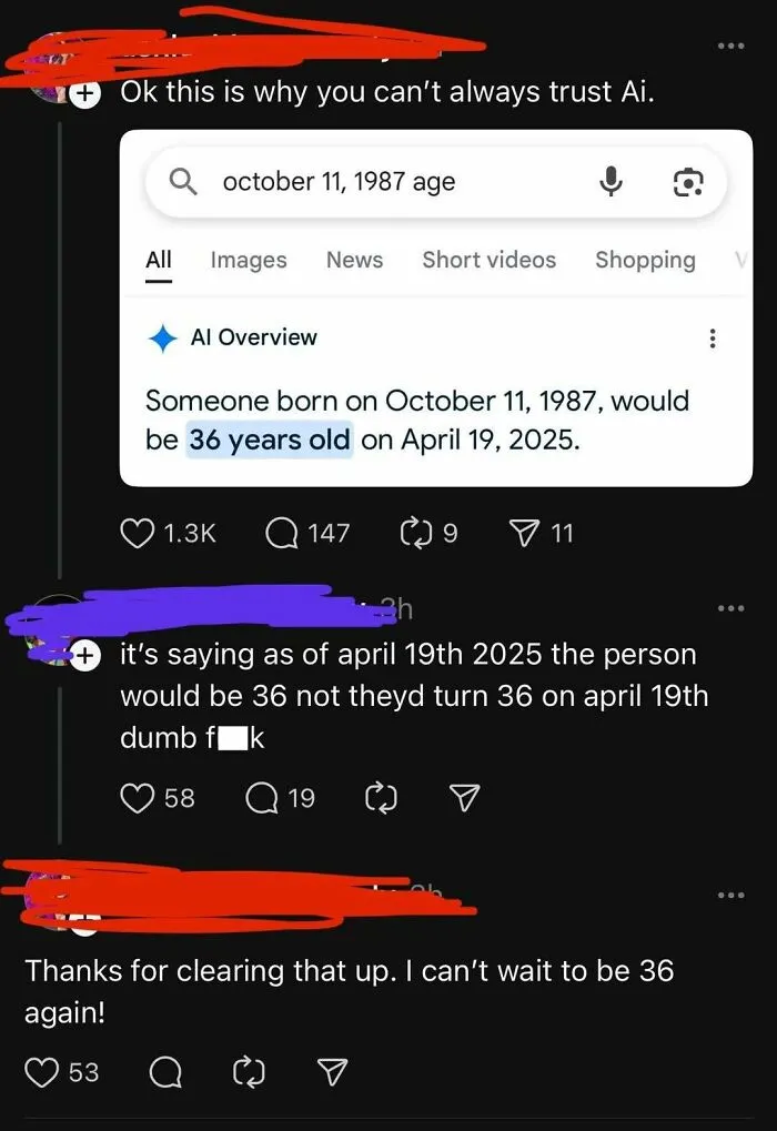 Screenshot of online group shaming overconfident know-it-alls who incorrectly correct people with AI age calculation error.