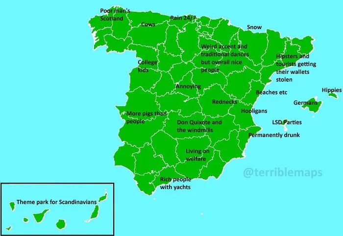 Humorous map of Spain with funny and horrible regional stereotypes not found in geography books.