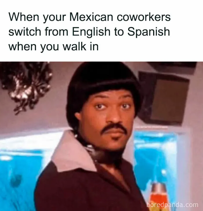 Man with mustache and bowl haircut looking surprised, illustrating Hispanic culture in funny memes at work.