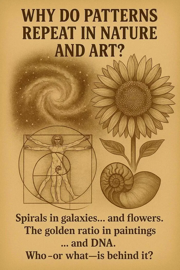 Question about why patterns repeat in nature and art shown with spirals, golden ratio, and DNA referencing questions scientists and philosophers can't answer.