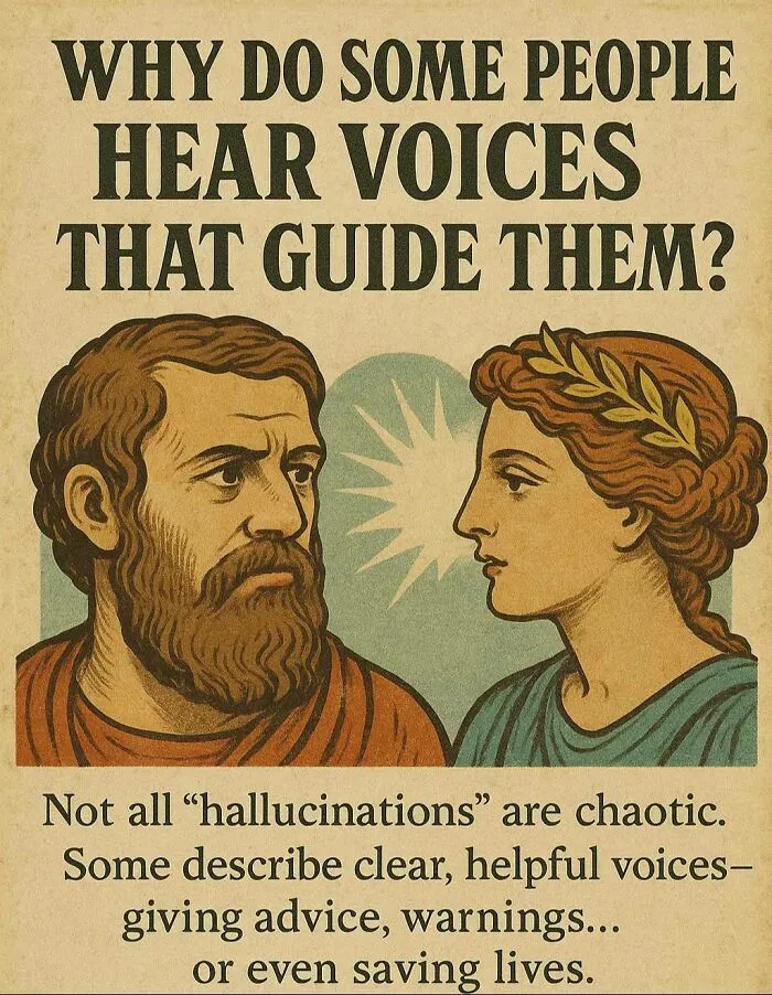 Ancient-style illustration questioning why some people hear voices that guide them, exploring mysteries scientists and philosophers cannot answer.