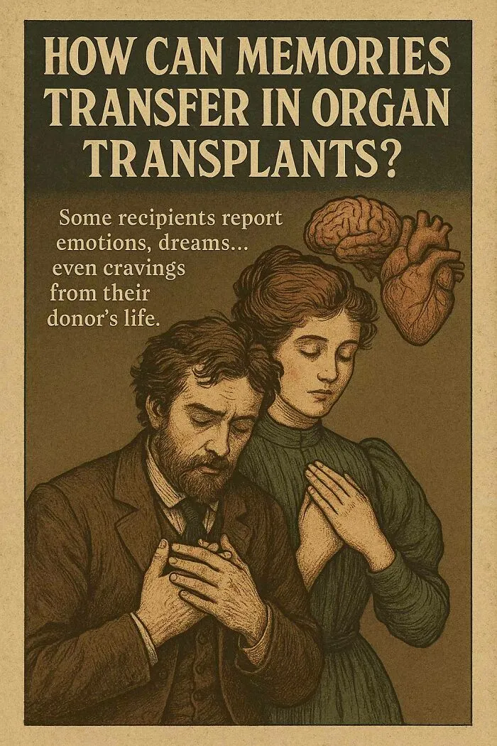 Vintage illustration showing a man and woman with hands on chest, questioning memories in organ transplants in a scientific context.