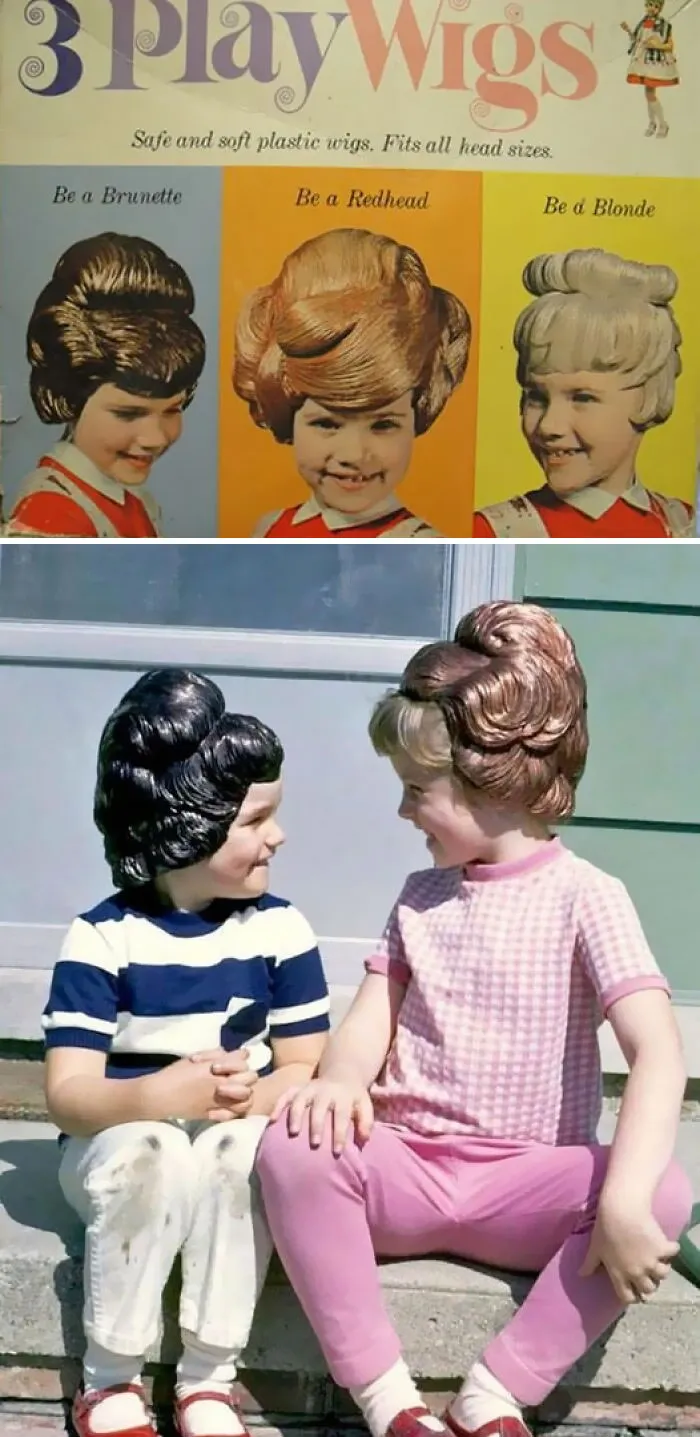 Vintage plastic play wigs in brunette and blonde styles worn by children sitting outdoors, showcasing strange vintage things.
