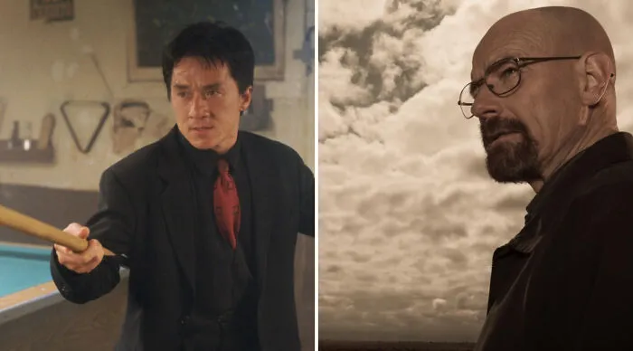 Jackie Chan aiming a pool cue in a bar setting next to a side view of a man with glasses under a cloudy sky, who would win in a fight.