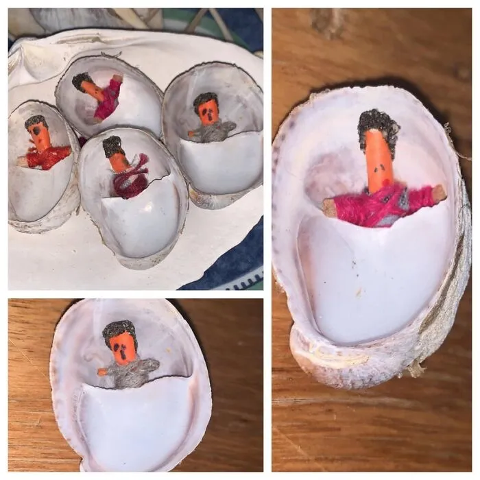 Figuras hechas con conchas y materiales reciclados como publicaciones reconfortantes para distraerte del mundo actual.