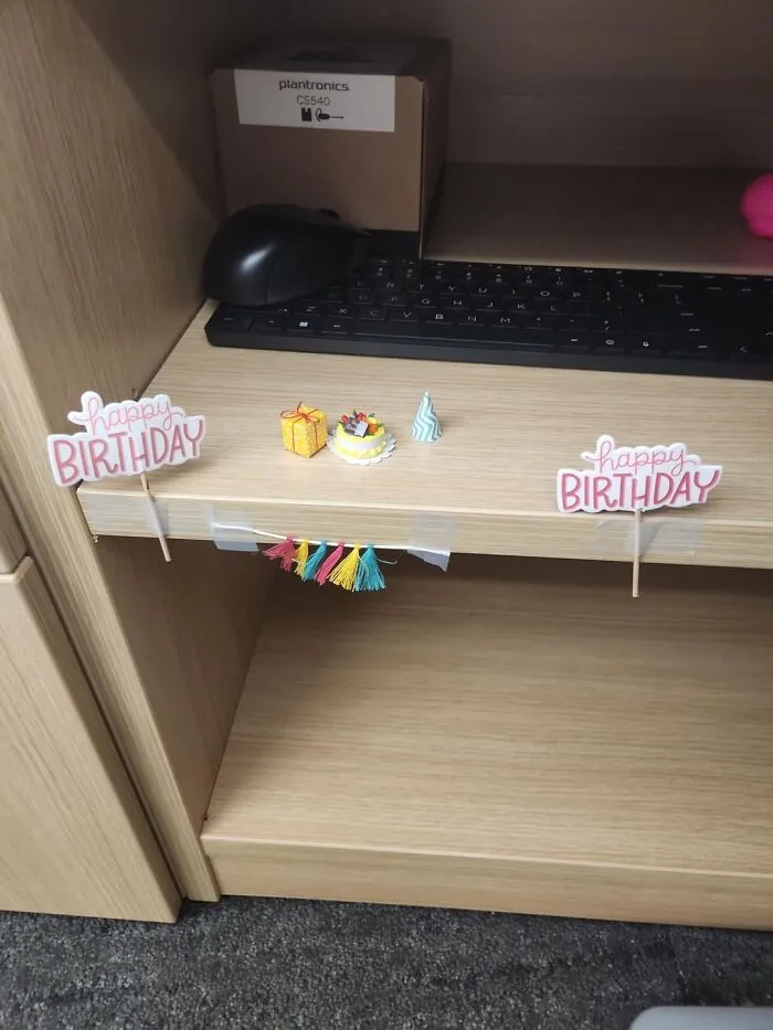 Le pedí a mis compañeros de trabajo que no pusieran enormes decoraciones en mi escritorio.