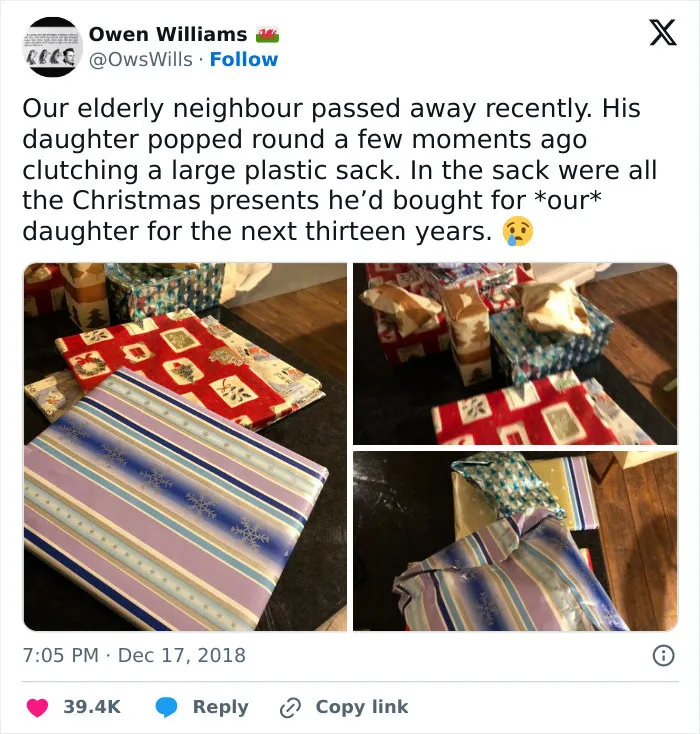 Wrapped Christmas presents laid out on a table, reflecting wholesome people and animals spreading kindness and joy.
