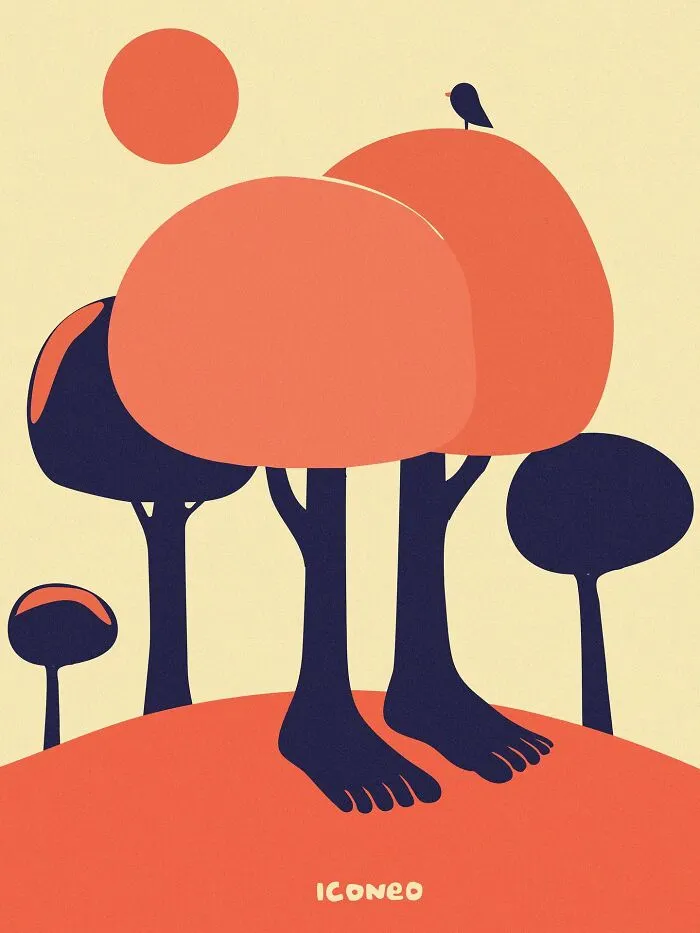 Minimalist illustration by Steffen Kraft showing abstract trees with human legs, reflecting thought-provoking societal themes.
