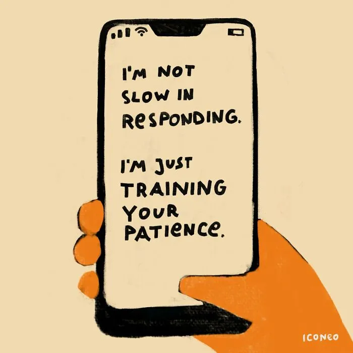 Minimalist illustration showing a hand holding a phone with a message about patience, reflecting society themes.