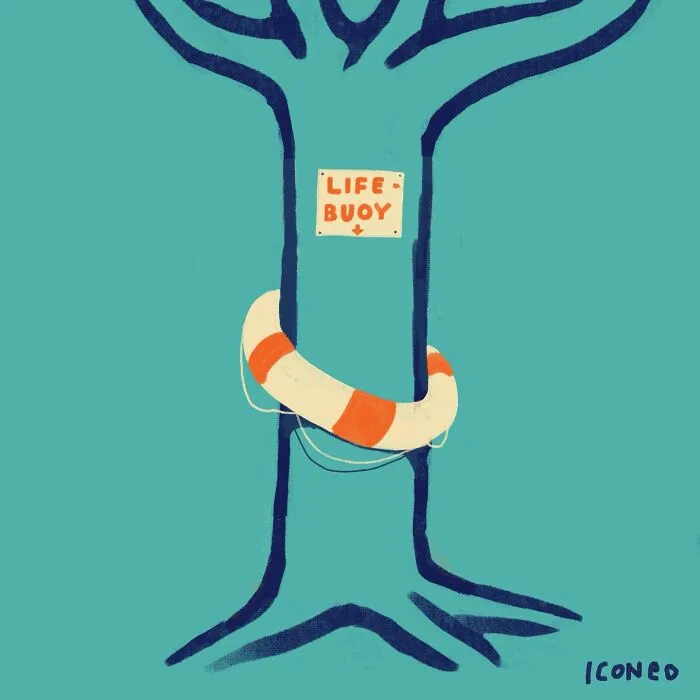 Illustration by Steffen Kraft showing a tree with a life buoy, symbolizing thought-provoking societal reflection.
