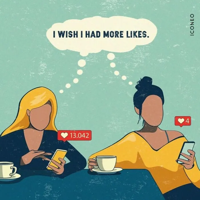 Two women at a café using phones with social media likes, a thought bubble saying I wish I had more likes, illustration reflecting society.