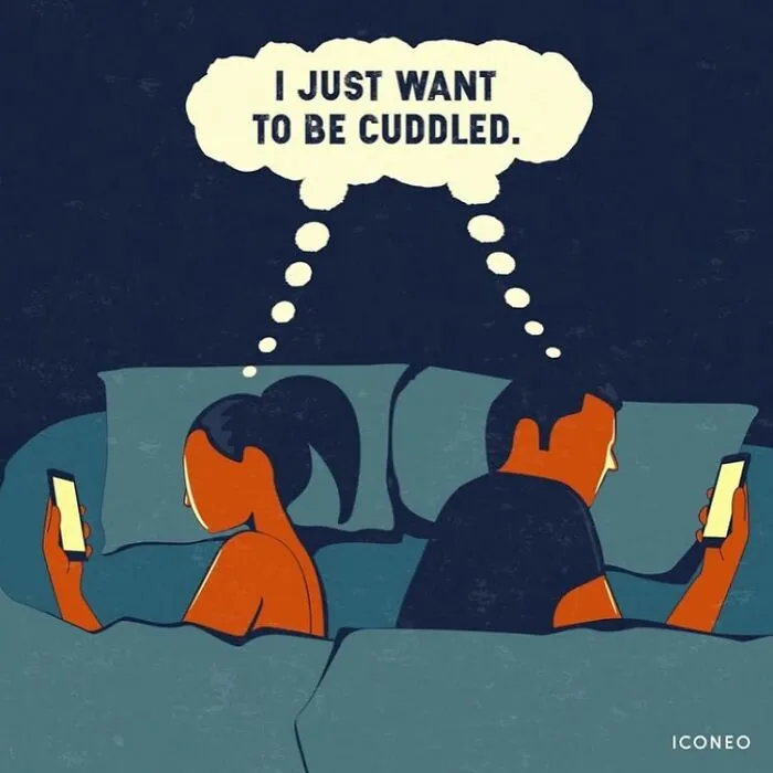 Illustration by Steffen Kraft showing a couple in bed on phones with a thought bubble saying I just want to be cuddled.