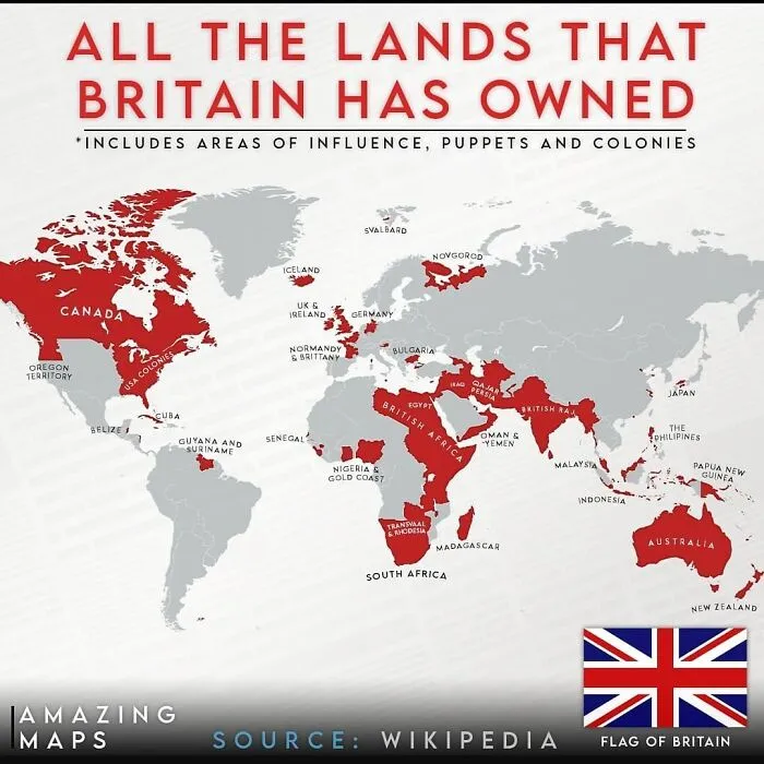 Map showing all the lands Britain has owned, highlighting colonies, areas of influence, and puppet states in red around the world.