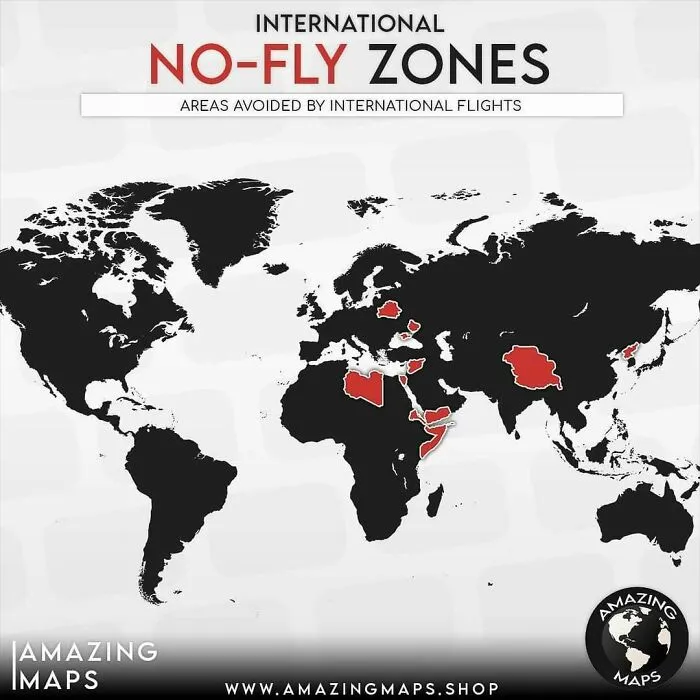 World map highlighting international no-fly zones avoided by flights, showing restricted areas in red for amazing maps.
