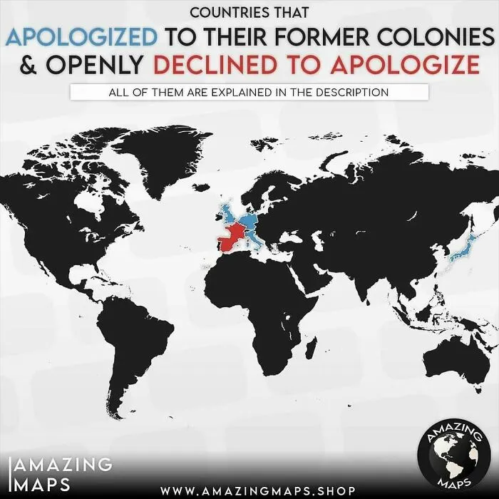 World map showing countries that apologized or declined to apologize to their former colonies, part of amazing maps.