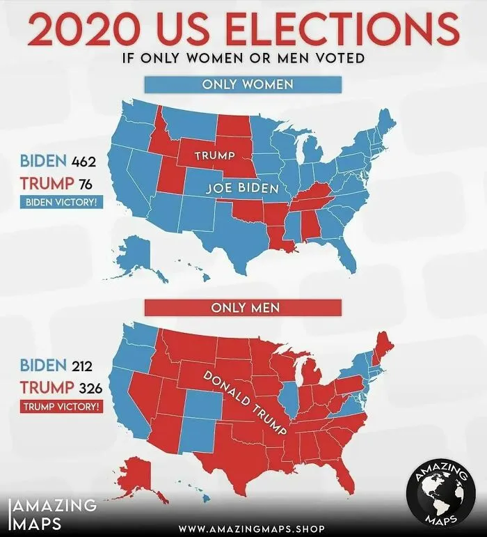 Map showing 2020 US election results if only women or only men voted, highlighting electoral differences in amazing maps.