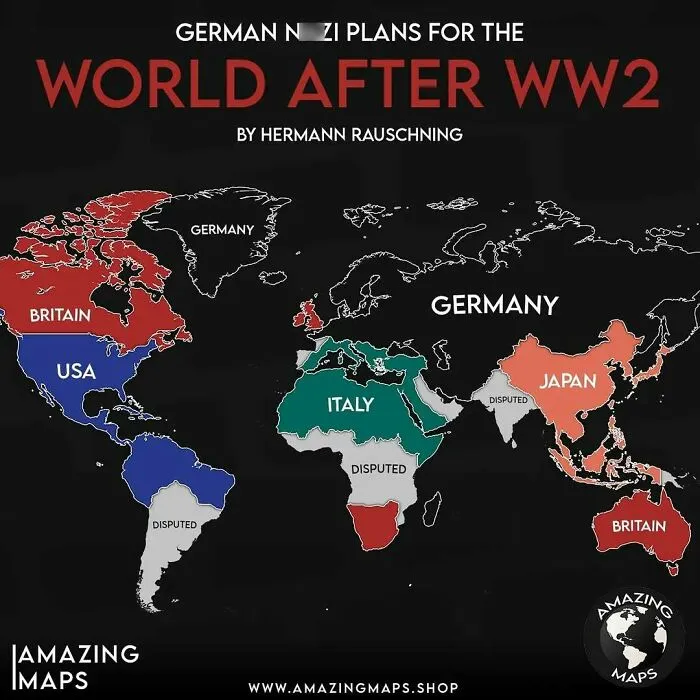 Map showing German Nazi plans for the world after WW2 with countries color-coded by intended control zones.