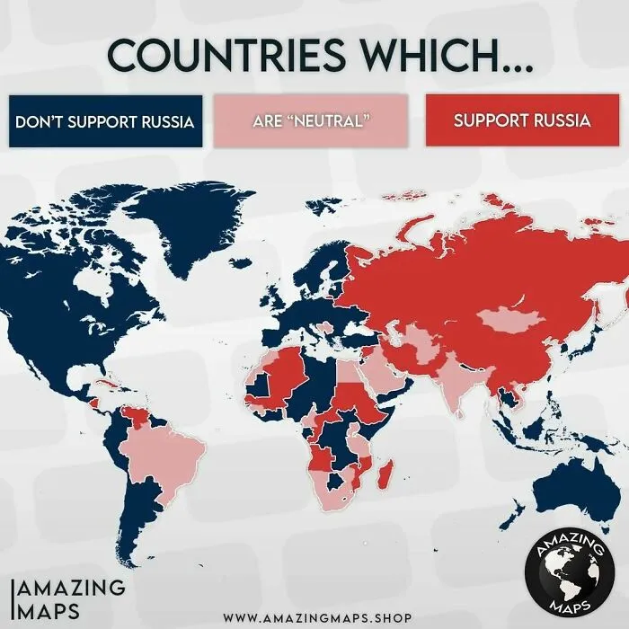 World map showing countries that support, oppose, or remain neutral toward Russia in an amazing maps graphic.