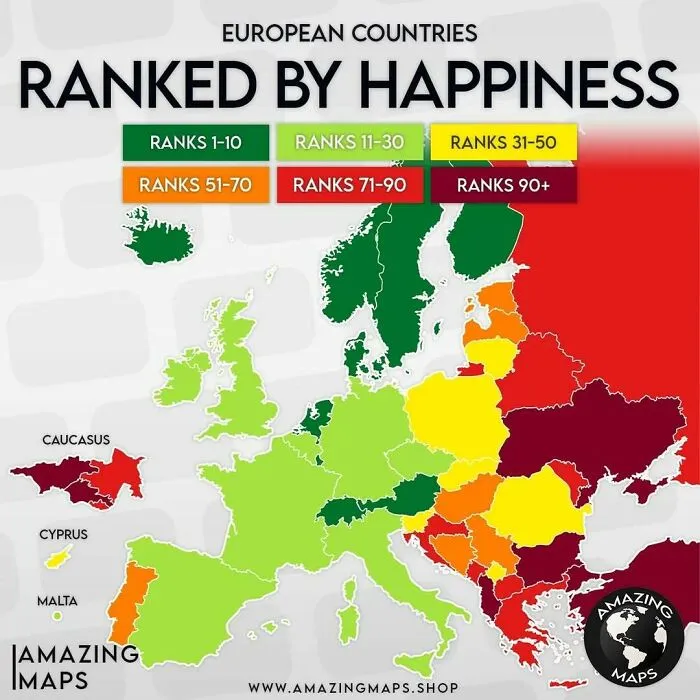 Map of European countries ranked by happiness using color codes from the Amazing Maps collection showing regional happiness levels.