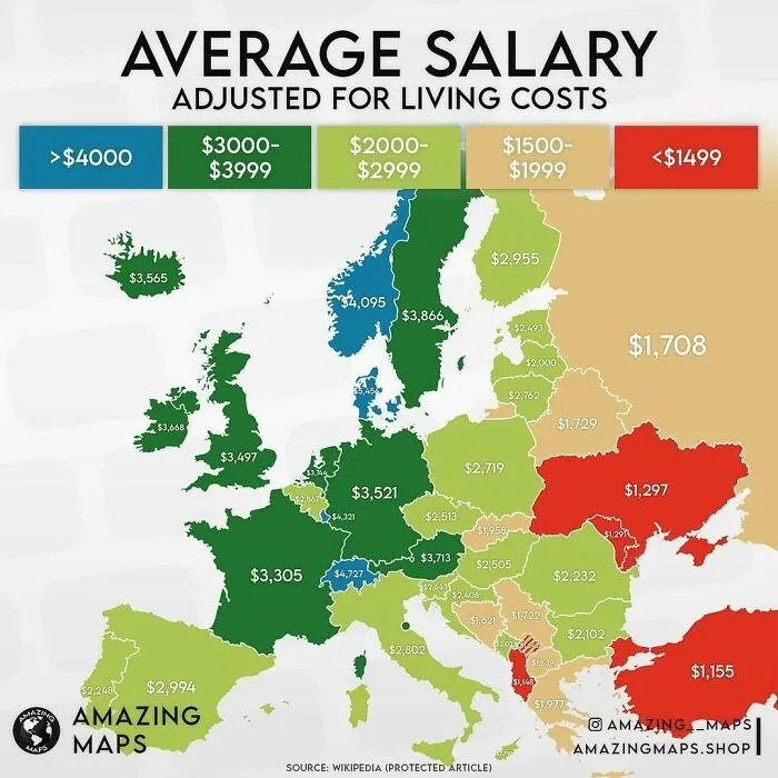 Map of average salaries in Europe adjusted for living costs using color coding from the Amazing Maps series.