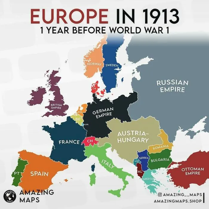 Colorful historical map of Europe in 1913 showing empires and countries before World War 1, an amazing maps visual.