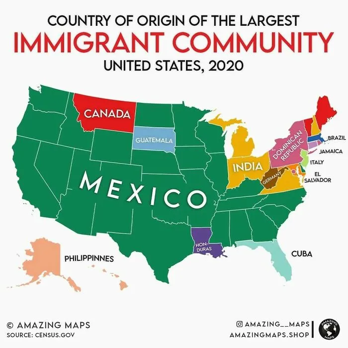 Map showing the country of origin of the largest immigrant community in each US state in 2020, highlighting diversity by region.