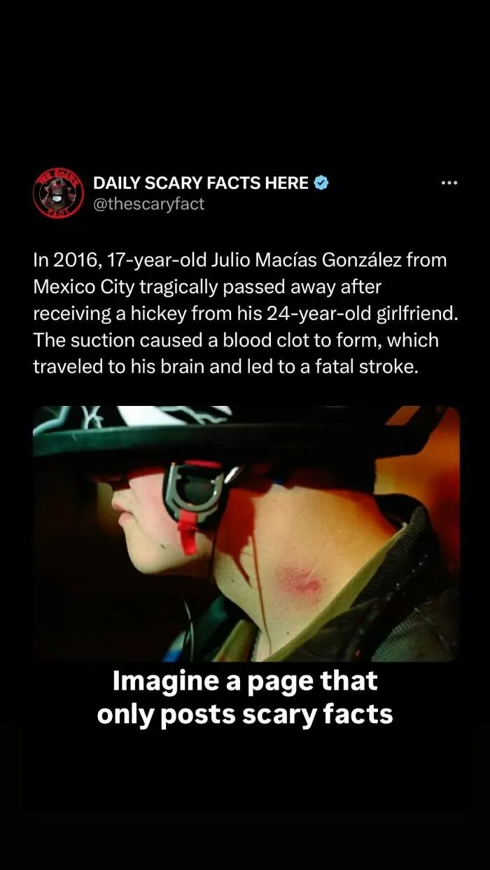 Twitter post from Daily Scary Facts about a fatal stroke caused by a hickey, highlighting scary facts in the darkness.