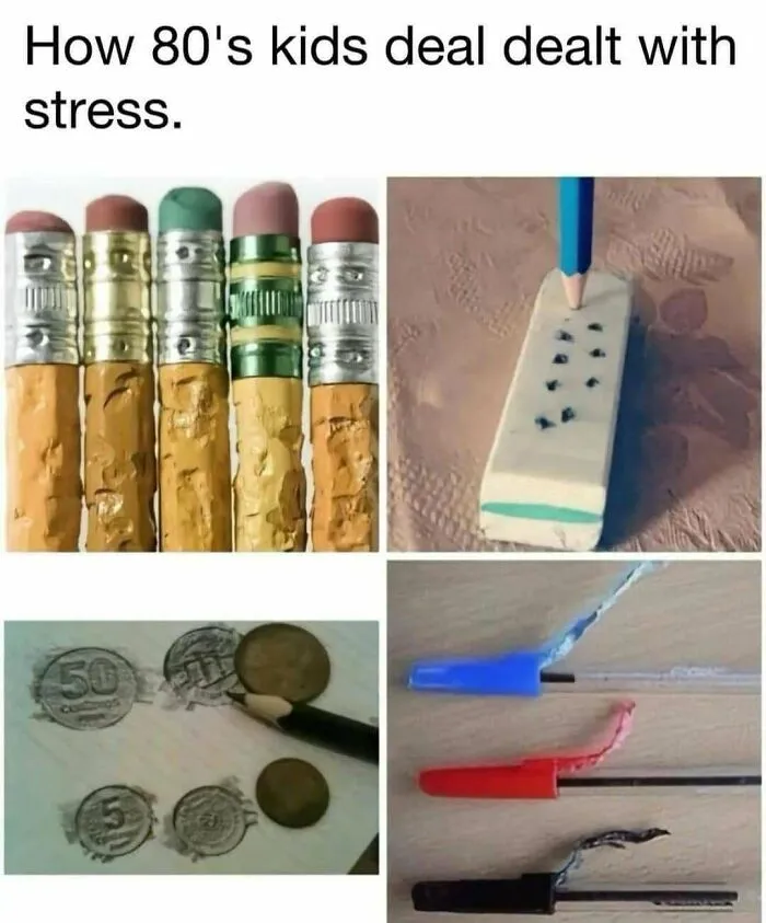 Erasers and pencils used in creative ways showing how 80s kids dealt with stress, reflecting nostalgic good old days.