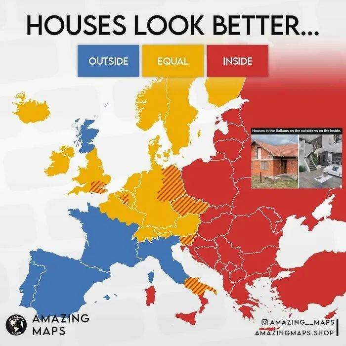 Map of Europe showing regions where houses look better outside, inside, or equal, highlighting cultural differences in house appearances.