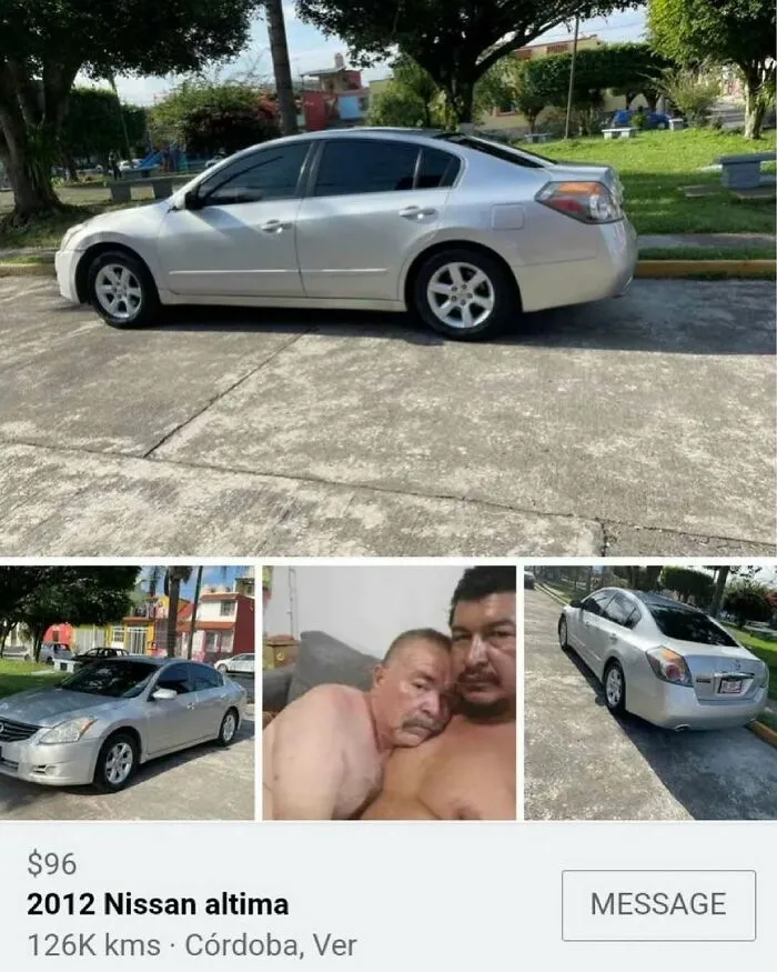 Silver 2012 Nissan Altima parked outdoors with unusual accompanying photo in puzzling car sale listing.