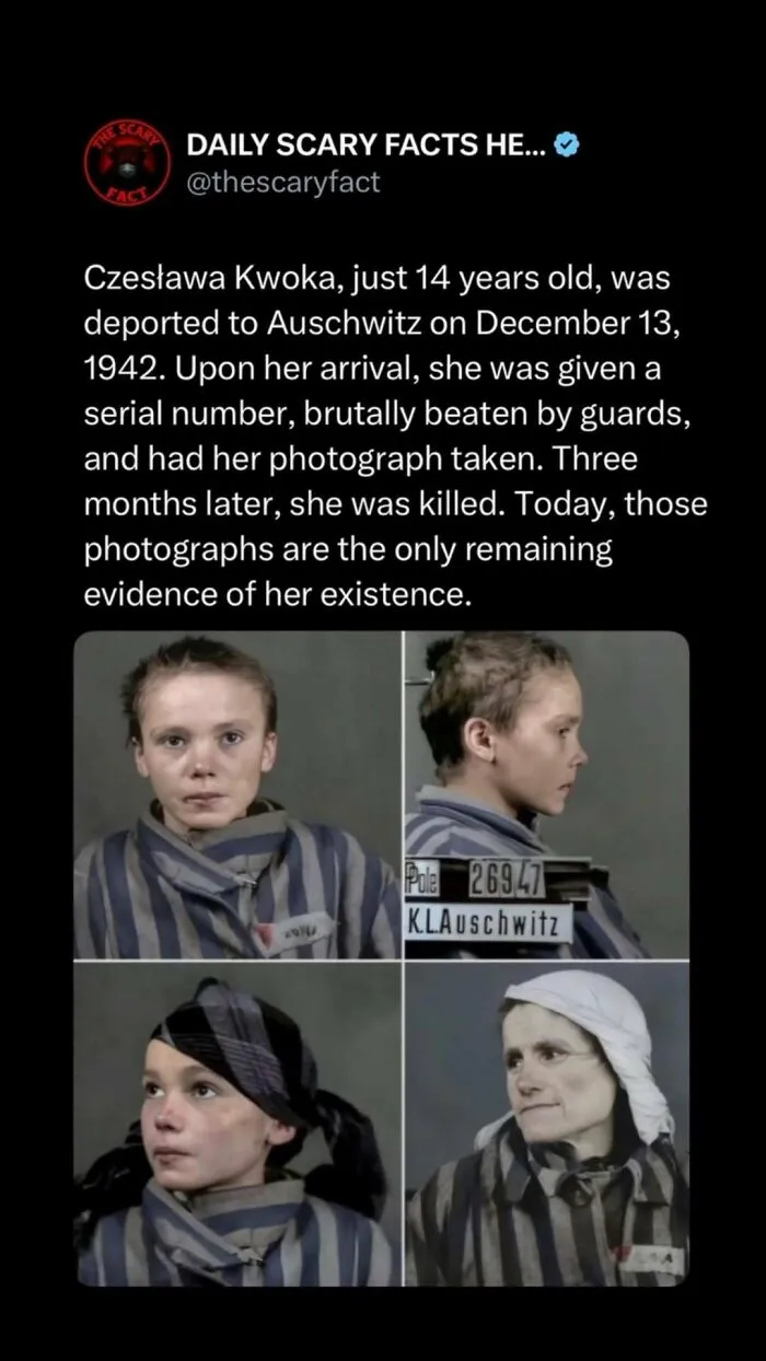 Photos showing Czesława Kwoka, a young Auschwitz prisoner, illustrating a scary fact about Holocaust victims.