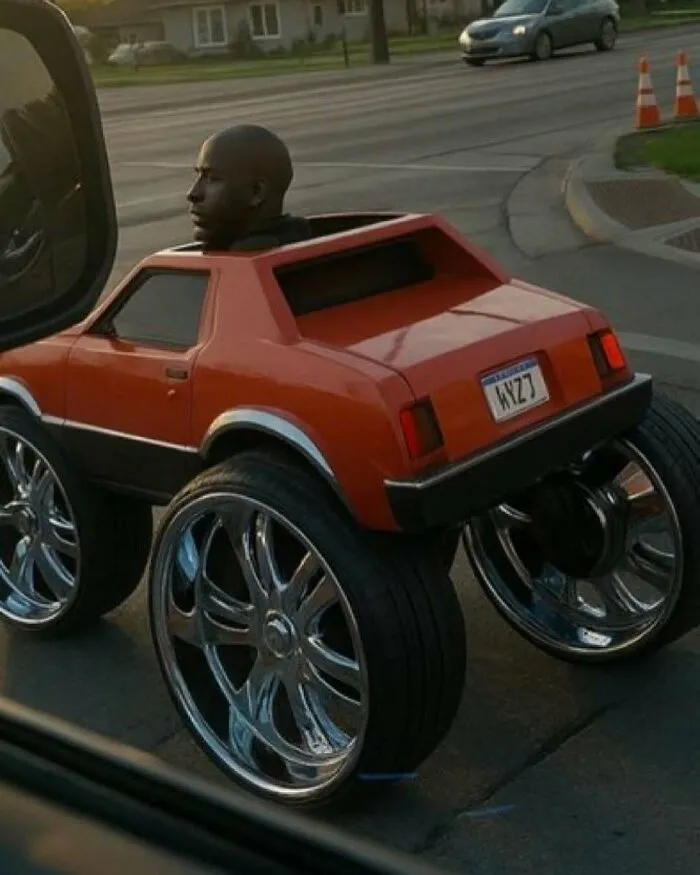 Man driving a small car with oversized shiny rims, creating a bizarre scene that makes no sense but draws attention.